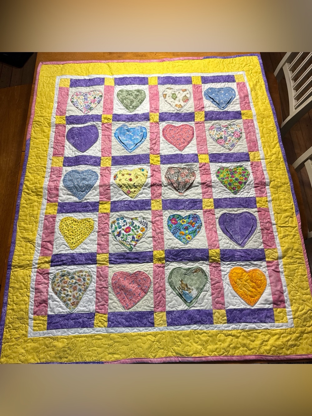 Handmade Heart Patchwork Quilt  Multicolor Baby Girl Nursery cottagecore 43”x36”